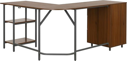 Techni Mobili L Shaped Desk - Two-Toned Computer Desk with Drawers & Storage Shelves - Simple Modern Furniture & Home Office Space Corner Table for Work & Writing
