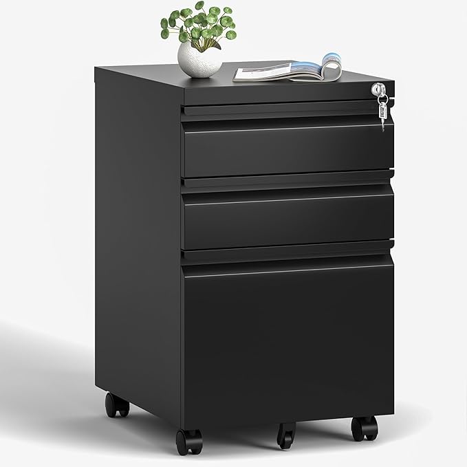 3 Drawers Mobile File Cabinet, Rolling File Cabinet Fully Assembled Under Desk, Metal Filing Cabinet with Lock for Home Office Organizer Letters/Legal/A4 (Black)