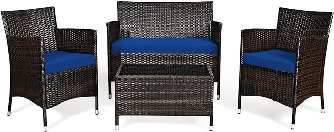 Goplus 4-Piece Rattan Patio Set, Outdoor/Indoor Wicker Conversation Set for Pool, Backyard, Lawn, Wicker Chairs and Sofa with Soft Cushion, Rattan Furniture with Tempered Glass Coffee Table