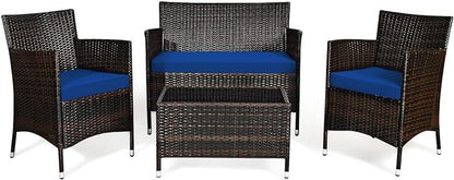 Goplus 4-Piece Rattan Patio Set, Outdoor/Indoor Wicker Conversation Set for Pool, Backyard, Lawn, Wicker Chairs and Sofa with Soft Cushion, Rattan Furniture with Tempered Glass Coffee Table