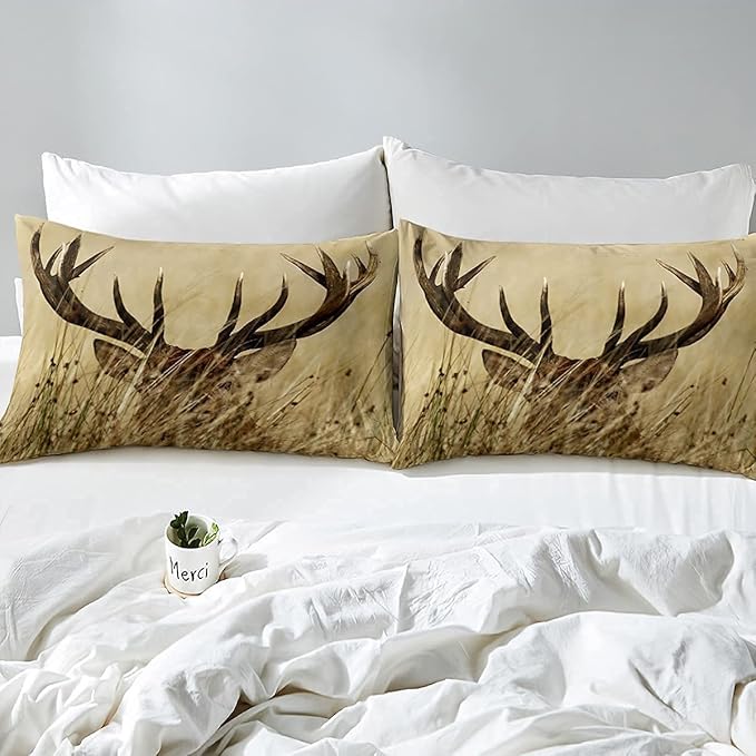 Antler Comforter Set King, Whitetail Deer Down Comforter, Stag Quilted Duvet, Countryside Rural Hunting Theme Comforter Set for Christmas Decorations Bedroom Decor All Season, Ultra Lightweight