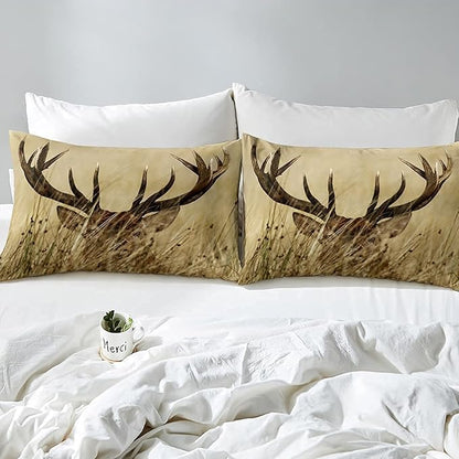 Antler Comforter Set King, Whitetail Deer Down Comforter, Stag Quilted Duvet, Countryside Rural Hunting Theme Comforter Set for Christmas Decorations Bedroom Decor All Season, Ultra Lightweight