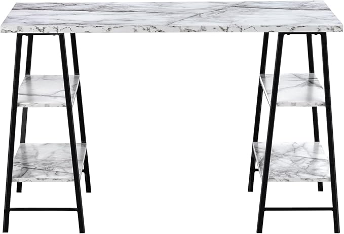 Monarch Specialties 7527 Computer Desk, Home Office, Laptop, Storage Shelves, 48" L, Work, Metal, Laminate, White Marble Look, Black, Contemporary, Modern Desk-48, 47.25" L x 23.75" W x 30" H