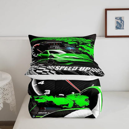 Feelyou Kids Boys Girls Race car Comforter King Size, Green Race Car Buffalo Plaid Comforter Set for Teens Toddler Sports Car Bedding Set Racing Car Duvet Set Room Decor Quilt Set Bedding Collection