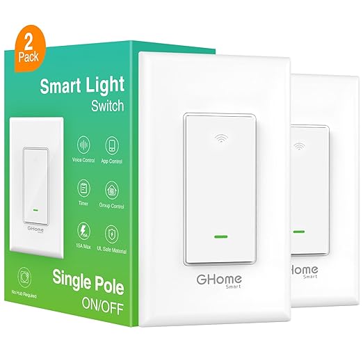 GHome Smart Switch, 2.4Ghz Wi-Fi Switch Works with Alexa, Google Assistant Single-Pole,Neutral Wire Required,UL Certified,Remote/Voice Control and Schedule, No Hub Required, (2 Pack),White