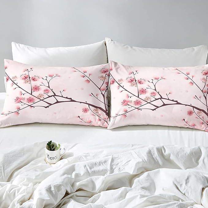 Erosebridal Cherry Blossoms Comforter Set Queen, Girl Pink Floral Down Comforter, Japanese Spring Bedding Set, Pale Pink Blossom Petal Quilted Duvet, Branch Floral Duvet Set for Women,Girly Romantic