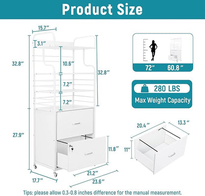Vertical File Cabinet, 2 Drawer Mobile Filing Cabinet with 3 Bookshelf, Printer Stand with Open Storage Shelves Fits A4/Letter/Legal Size File Cabinets for Home Office Organizer, White