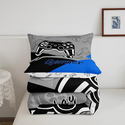 Feelyou Gaming Comforter for Boys Teen Video Game Bedding Set for Kids Gamer Comforter for All Season Gamepad Home Decor for Comforter Set Twin Size,1 Comforter with 1 Pillowcase Blue Black Grey