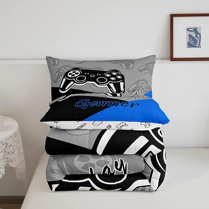 Feelyou Gaming Comforter for Boys Teen Video Game Bedding Set for Kids Gamer Comforter for All Season Gamepad Home Decor for Comforter Set King Size,1 Comforter with 2 Pillowcases Blue Black Grey