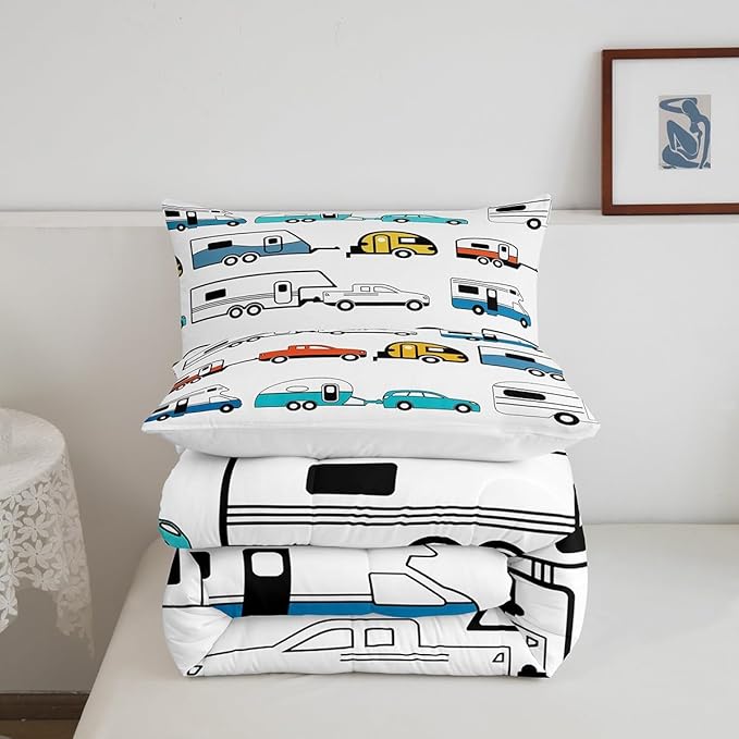 Camper Comforter Set Twin, Happy Camping Bedding Set For Kids Boys Girls Children, Camping Trailer Travel Car Pattern Bedding Comforters & Sets, Cartoon Car Down Comforter RV Accessories, Colorful