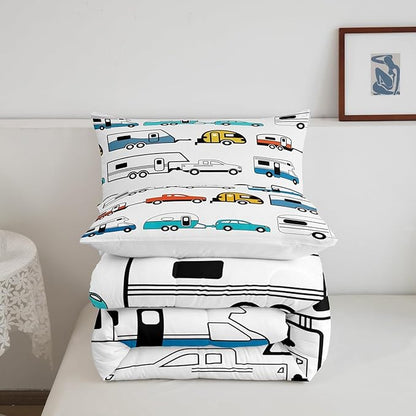Camper Comforter Set Twin, Happy Camping Bedding Set For Kids Boys Girls Children, Camping Trailer Travel Car Pattern Bedding Comforters & Sets, Cartoon Car Down Comforter RV Accessories, Colorful