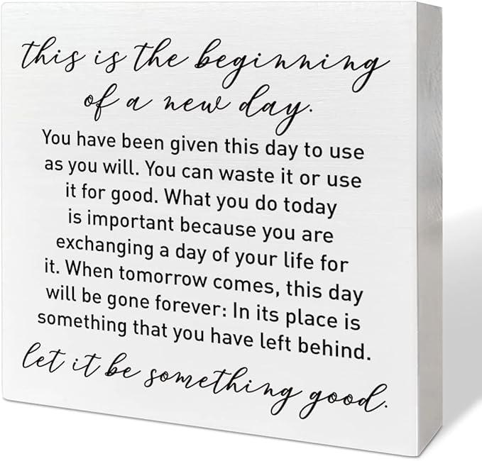 Home Office Desk Wooden Box Sign Decor, This Is The Beginning of A New Day, Inspirational Quotes Desk Decor Motivational Desk Decorations for Women Men Student Office Classroom School