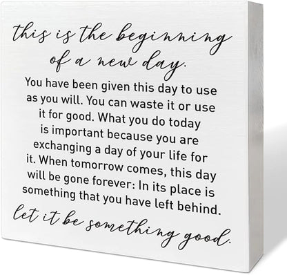 Home Office Desk Wooden Box Sign Decor, This Is The Beginning of A New Day, Inspirational Quotes Desk Decor Motivational Desk Decorations for Women Men Student Office Classroom School