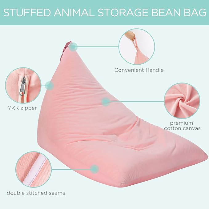 Aubliss Stuffed Animal Storage Bean Bag Chairs Cover, 50"x 35" Extra Large Velvet Bean Bags Chair for Kids & Adults, Ultra Soft Zipper Beanbag Toy Storage for Boys Girls - Pink