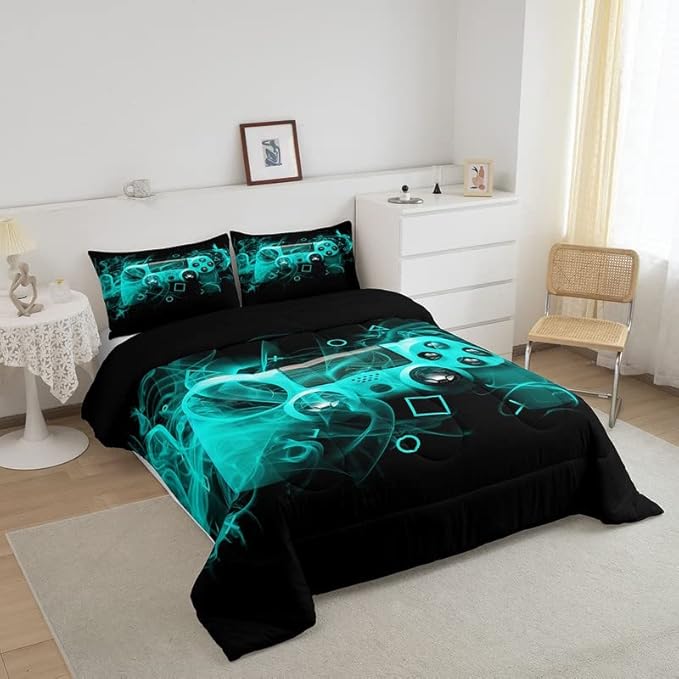 Feelyou Kids Gamer Comforter Set Queen Size Teens Gamepad Bedroom Decor for Boys Girls Video Game Controller Bedding Set Youth Gaming Console Comforter Blue Black Geometry with 2 Pillow Case