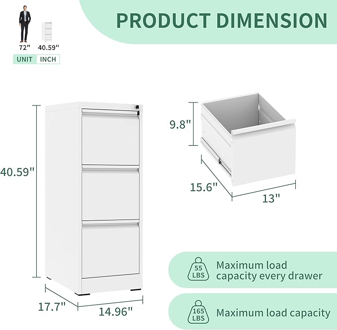 3 Drawer File Cabinet with Lock, Metal Vertical Filing Cabinets for Home Office, Steel Storage Cabinet for Hanging Legal/Letter Size Files, Assembly Required (White)