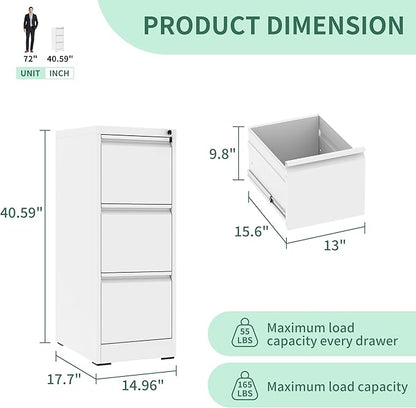3 Drawer File Cabinet with Lock, Metal Vertical Filing Cabinets for Home Office, Steel Storage Cabinet for Hanging Legal/Letter Size Files, Assembly Required (White)