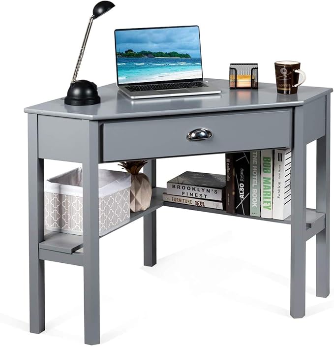 Nightcore Small, Wood Computer Desk, Compact Writing w/Drawer & Storage Shelves, Space Saving Study Workstation, Laptop PC Corner Table, Grey