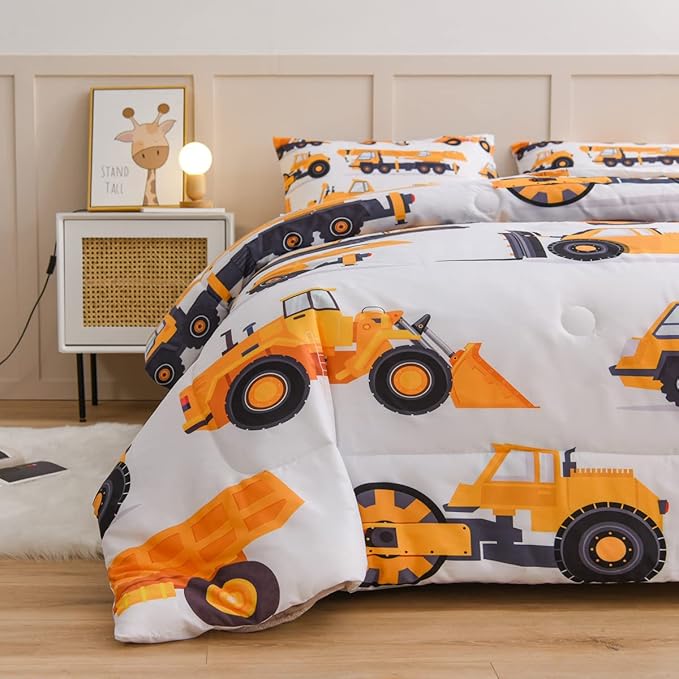 NTBED Construction Truck Comforter Set for Boys Kids Vehicles Excavator Cars Lightweight Microfiber Bedding Sets (White,Full)