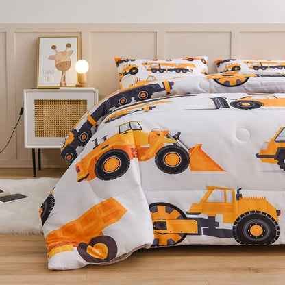 NTBED Construction Truck Comforter Set for Boys Kids Vehicles Excavator Cars Lightweight Microfiber Bedding Sets (White,Full)