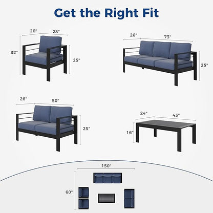Wisteria Lane Aluminum Outdoor Patio Furniture Set, Modern Patio Conversation Sets, Outdoor Sectional Metal Sofa with 5 Inch Cushion and Coffee Table for Balcony, Garden, Black Frame and Blue Cushion