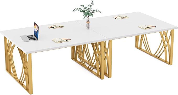 55’’ Large Modern Computer Desk, White & Gold Luxury Laptop PC Student Table, Makeup Vanity Table with Thick Frame & Strong Legs, Sturdy Writing Workstation for Home & Office