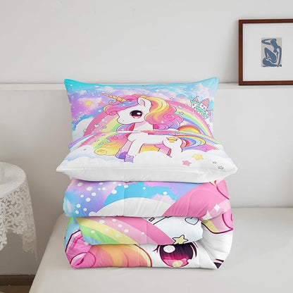 Manfei Cute Unicorn Kids Comforter Set Full Size,Rainbow Stars Cloud Dreamy Bedding Set,Girls Women Room Decor,Cartoon Animals Castle Girly Down Comforter,Pink Blue Unique Duvet Insert,2 Pillowcases