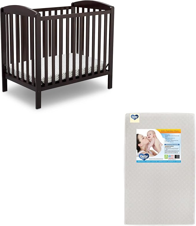 Delta Children Emery Mini Convertible Baby Crib & Twinkle Stars 3-Inch Waterproof Mini Crib Mattress, Dark Chocolate