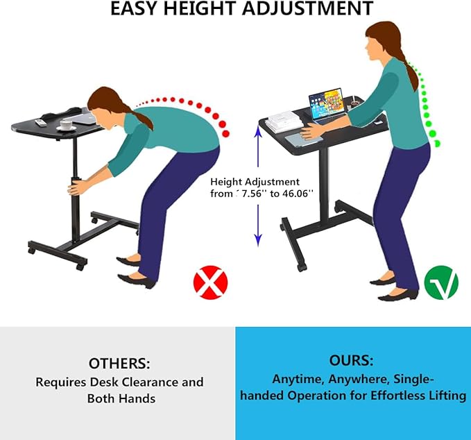 Rolling Desk with Adjustable Height, Sit-to-Stand Desk with Lockable Wheels, 28-Inch Rolling Standing Mobile Desk Cart for Home Office Classroom (Black)