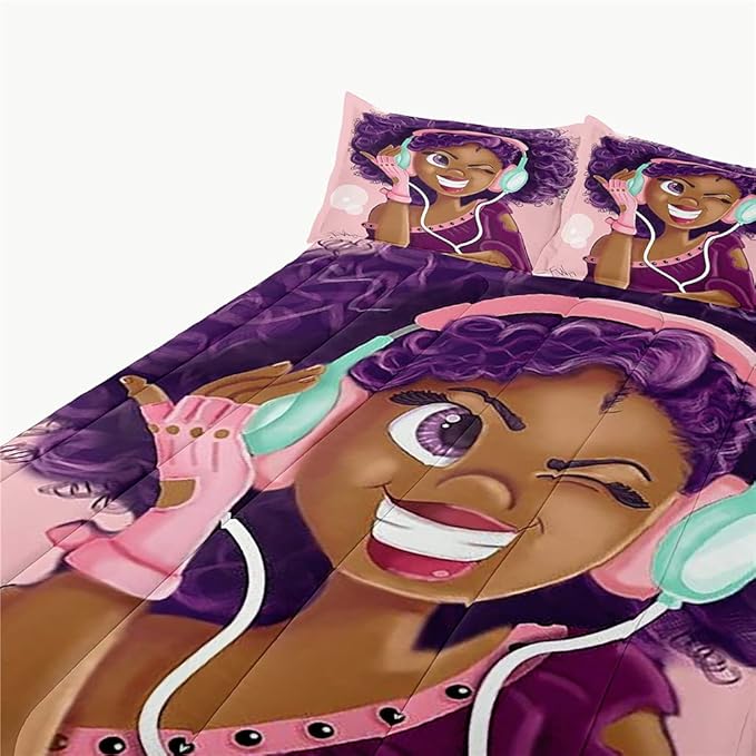 Twin Bedding Sets for Girls, Cute African American Black Girl Magic Comforter Set, Pink Bed Set for Toddler Kids Teenager, Gift for Little Girls Bedroom Decor, 1 Comforter with 2 Pillowcases