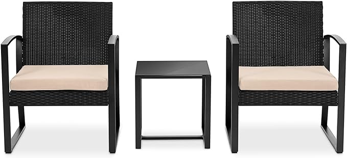 SereneLife Patio Outdoor Furniture, 3 Pcs. Per Set-includes 2 Single Chairs with Soft Cushion and 1 Glass-top Coffee Table, Black Weather-Resistant Resin Wicker Rattan, Brown