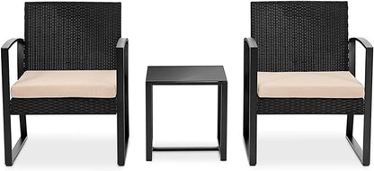 SereneLife Patio Outdoor Furniture, 3 Pcs. Per Set-includes 2 Single Chairs with Soft Cushion and 1 Glass-top Coffee Table, Black Weather-Resistant Resin Wicker Rattan, Brown