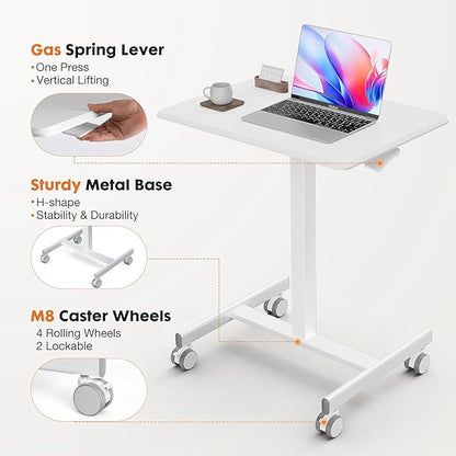 edx Small Mobile Rolling Standing Desk - Overbed Table, Teacher Podium with Wheels, Adjustable Work Table, Rolling Desk Laptop Computer Cart for Home, Office, Classroom, White