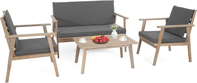 VINGLI Outdoor Patio Furniture, 4 Piece Acacia Wood Sofa Set w/Coffee Table, Patio Table and Chairs Set for Deck, Balcony, Backyard (Light Natural)
