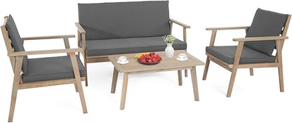 VINGLI Outdoor Patio Furniture, 4 Piece Acacia Wood Sofa Set w/Coffee Table, Patio Table and Chairs Set for Deck, Balcony, Backyard (Light Natural)