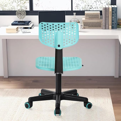Desk Chair Armless Cute Office Chair, Low Back Rolling Home Office Task Chair Adjustable Swivel Study Chair for Girls Teens Adults Children Kids, Turquoise