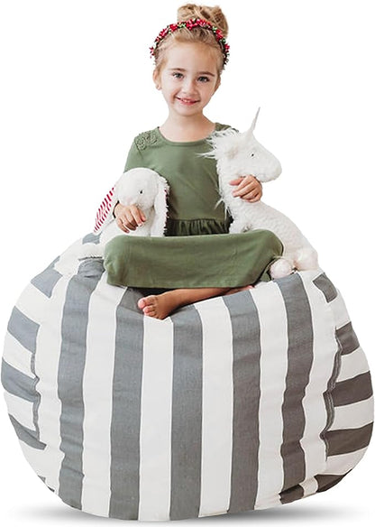 Creative QT Stuff ’n Sit Large 33’’ Bean Bag Storage Cover for Stuffed Animals & Toys – Gray & White Stripe – Toddler & Kids’ Rooms Organizer – Beanbag Makes Great Plush Toy Hammock Alternative