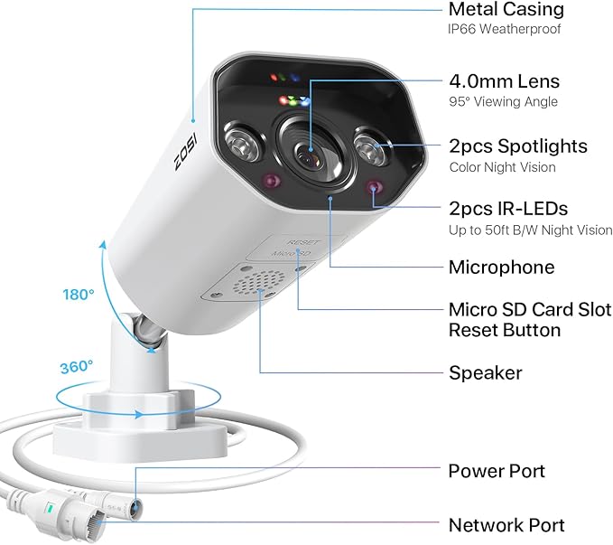 ZOSI 2PK 4K PoE Add-on Cameras with Ethernet Cables,Person/Vehicle Detection,2 Way Audio,Night Vision,Spotlight Siren,8MP Weatherproof Outdoor Indoor IP Security Camera Only Work 4K PoE NVR