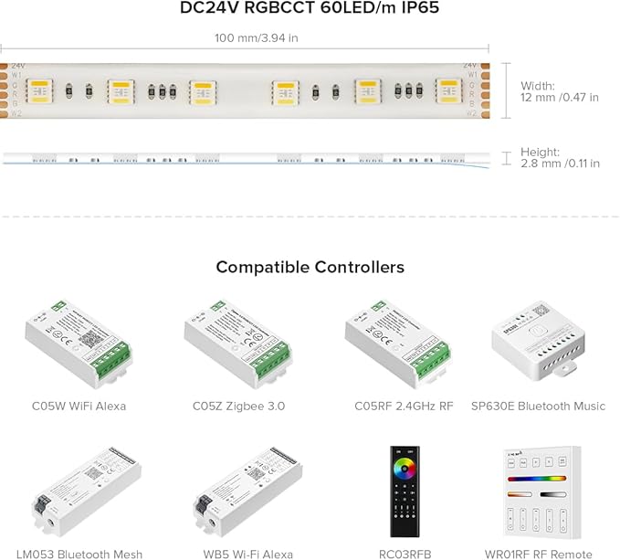 BTF-LIGHTING RGBCCT 5 Colors in 1 LED 5050SMD RGBWW RGB+Dimmable Tunable Color Temperature 2700K-6500K 16.4ft 60LEDs/m 300LEDs DC24V Multi-Colored Tape Lights IP65 White PCB(No Adapter or Controller)
