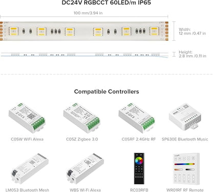 BTF-LIGHTING RGBCCT 5 Colors in 1 LED 5050SMD RGBWW RGB+Dimmable Tunable Color Temperature 2700K-6500K 16.4ft 60LEDs/m 300LEDs DC24V Multi-Colored Tape Lights IP65 White PCB(No Adapter or Controller)