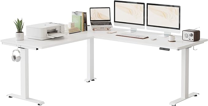 FEZIBO 75 Inches, Supports over 300mlbs,L Shaped Standing Desk Reversible, Electric Height Adjustable Corner Stand up Desk, Sit Stand Desk Computer Workstation, White Frame/White Top