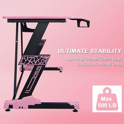 63 Inch Gaming Desk, with Carbon Fiber Surface, Lightning-Shaped PC Computer Table, with Headphone Holder, Cup Holder, Cable Management Box, Gaming Table for Gamer, Black&Pink
