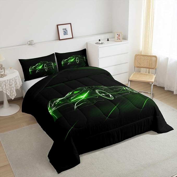 Feelyou Green Race Car Bedding Set Twin Size for Kids Boys Extreme Sport Games Comforter Set Teens Toddler Fast and Furious Duvet Set Cool Modern Quilt Set 2Pcs