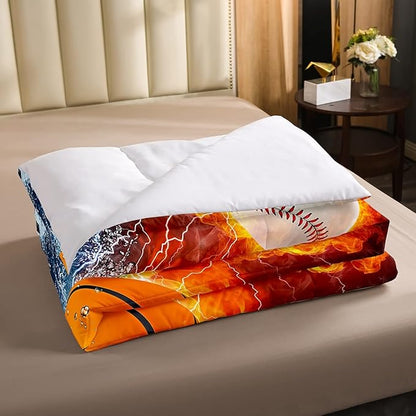 Erosebridal Sports Bedding Set for Boys Queen,Baseball Basketball Comforter Set Soccer Football Bedding Comforter Sets for Kids Teens Men,Red Blue Ice Fire Lightning Decor Quilt Duvet Set 3 Pcs