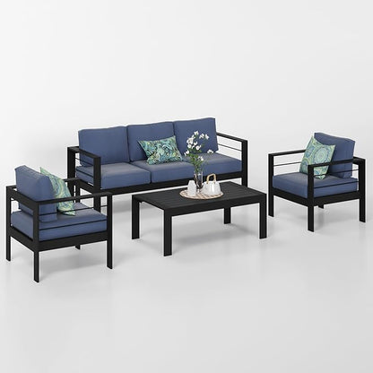 Solaste Aluminum Patio Furniture Set, 4 Pcs Modern Outdoor Conversation Set Sectional Sofa with Upgrade Cushion and Coffee Table,Black Frame and Blue Cushion