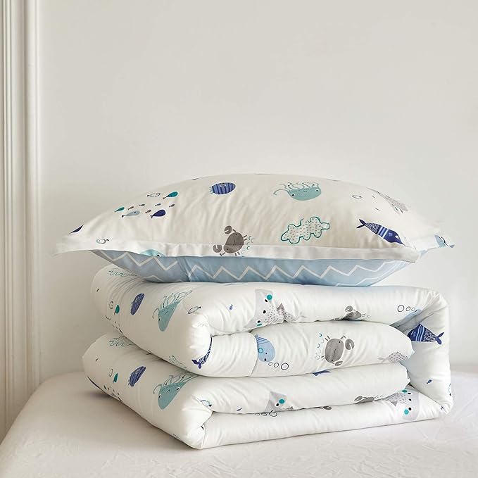 Joyreap 3pcs Premium Cotton Comforter Set for Kids Boys n Girls, Vibrant Ocean Theme Starfish Whale Crab Printed, Skin-friendly Breathable Bedding Comforter for All Season (Full/Queen, 88x88 inches)