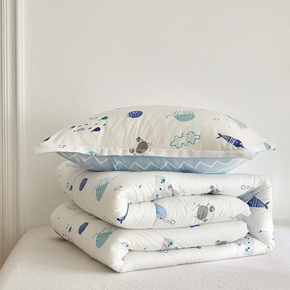 Joyreap 3pcs Premium Cotton Comforter Set for Kids Boys n Girls, Vibrant Ocean Theme Starfish Whale Crab Printed, Skin-friendly Breathable Bedding Comforter for All Season (Full/Queen, 88x88 inches)