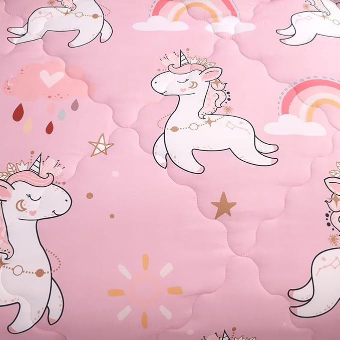 Wajade Kids Pink Unicorn Comforter Set Bed in A Bag Twin Size 7 Piece Cute Unicorn Rainbow Clouds Bedding Set for Girls (1 Comforter, 1 Flat Sheet, 1 Fitted Sheet, 2 Pillowcase and 2 Pillow Sham)