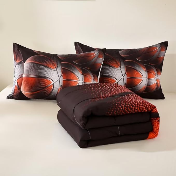Teens Boys Sports Comforter Set Twin,Basketball Bedding Set for Kids,Sports Orange Basketball Comforter Sets,Black Teenage Boy Bedroom Bed Set 3 Pieces with Pillowcases