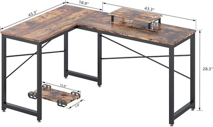 Computer Desk, L Shaped Desk with Large Desktop, Corner Desk with Monitor Stand PC Laptop Table Computer Workstation for Home Office (Rustic Brown)